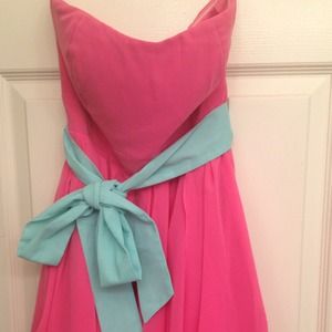 Pink and teal strapless dress