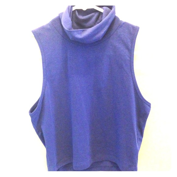 Blue turtleneck, sleeveless crop top