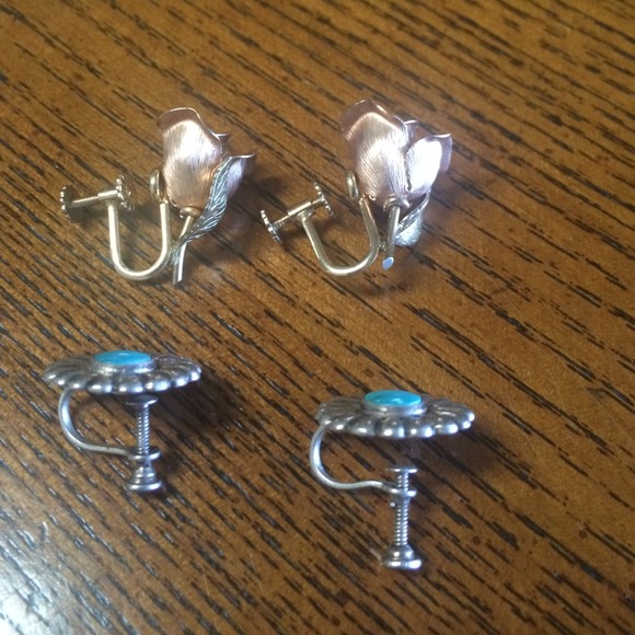 💝Sterling-turquoise & gold rose screw earrings. - Picture 3 of 4