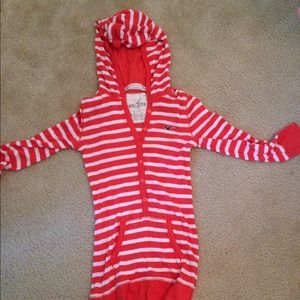 Orange/white stripe Hollister shirt with a hood