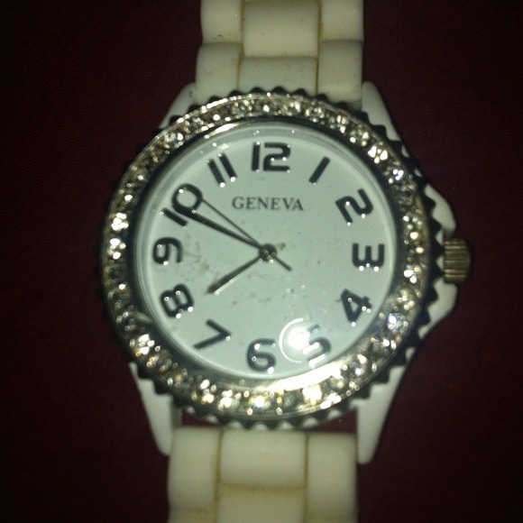 White watch with rhinestones on facing