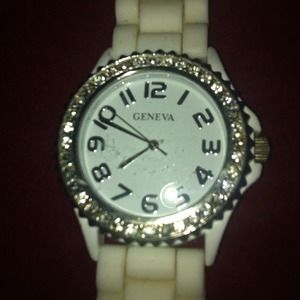 White watch with rhinestones on facing