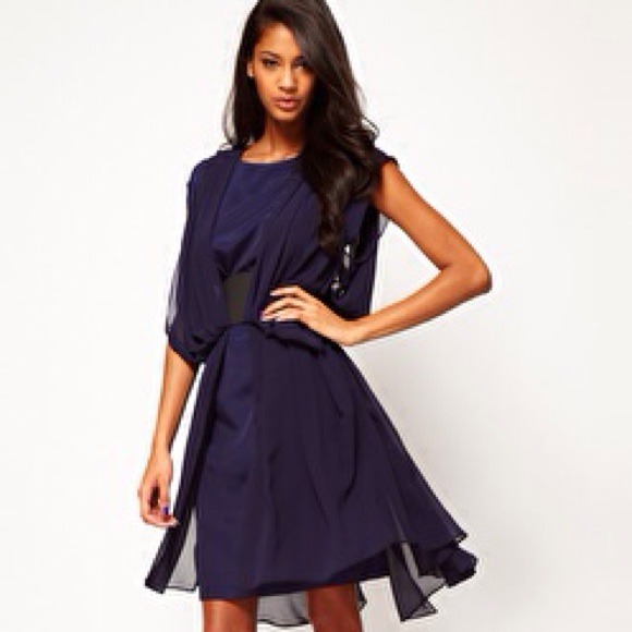 ASOS Chiffon Dress With Wide Belt And Drape Side - Picture 1 of 4