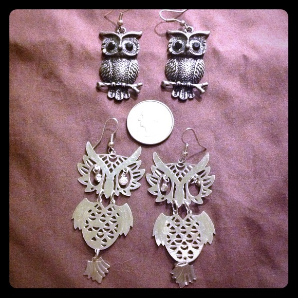 2 pair of silver owl earrings