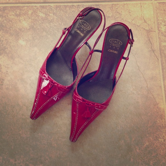 Serious Red Patent Tassel Toe Sling Heels