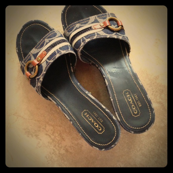 Authentic Coach Denim & Leather Slide Sandals
