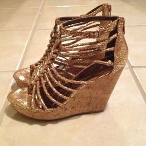 Bronze & gold w/ wood print wedge bought at Macy's