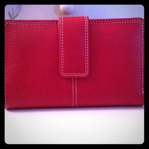 Red wallet with white stitching