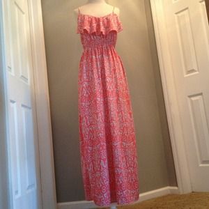 Gray and coral ecat printed maxi dress