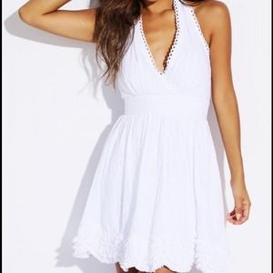 White halter backless ruffle dress