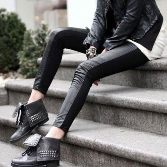 Pants - Faux leather paneled legging tights