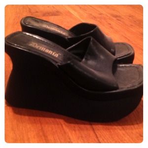 Black platform open toe leather wedges