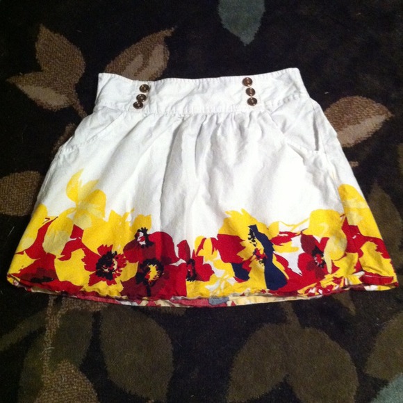 Red, yellow, and navy floral print skirt