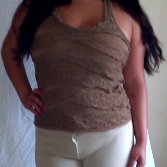Used Classy Racerback Brown Top w Lace Ruffles (M) - Picture 2 of 4
