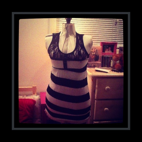 Black & White Striped w/ Black Lace Top/Mini Dress