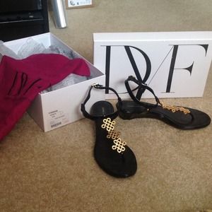 Authentic DVF black sandals w/ gold embellishment