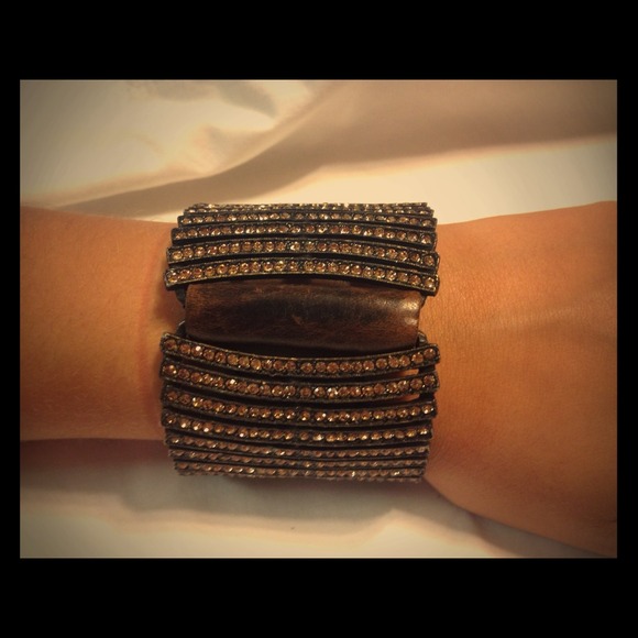 Leather & Amber Swarovski Crystal Cuff Bracelet