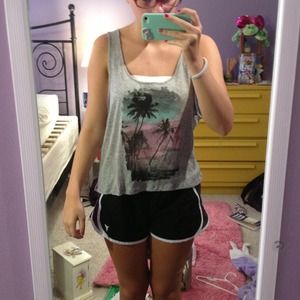 Gray tank top with pink and green design