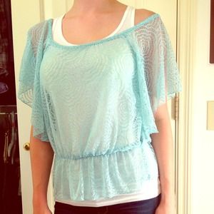 Cinched, crocheted light blue top!