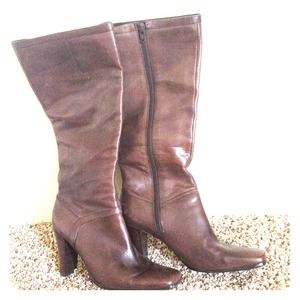Nine West brown leather square toe boots.