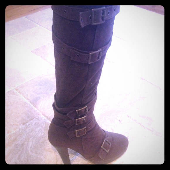 Kitson Brown High Heeled Boots w/ Buckles - Picture 1 of 3