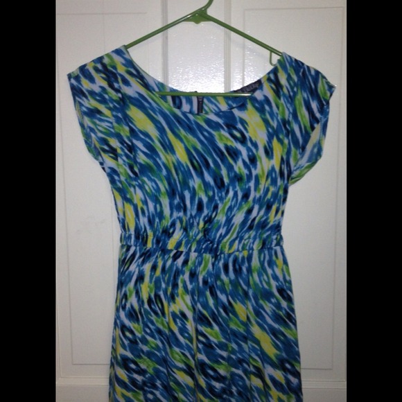 Blue, yellow, green, and white patterned dress