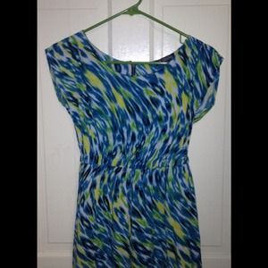 Blue, yellow, green, and white patterned dress