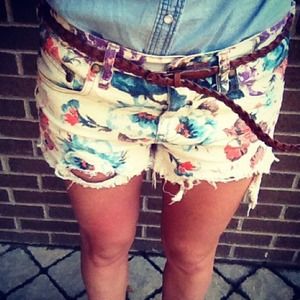 Free People Floral Printed Denim Cutoffs