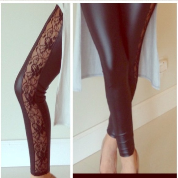Leatherette Lace Black Leggings Small