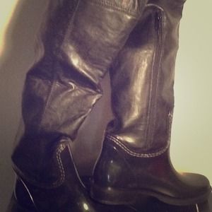 Black leather over-the-knee rain boots