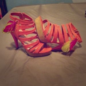 Beautiful neon orange, yellow, & pink suede heels♥