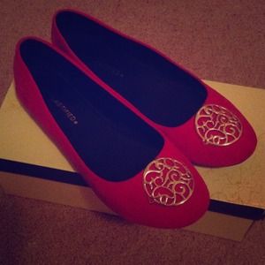Suede Red Flats w/Gold Medallion