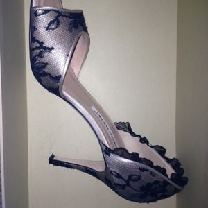 Manolo Blahnik black lace and satin peep toe pumps