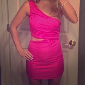 One Shoulder Hot Pink Cut Out Dress