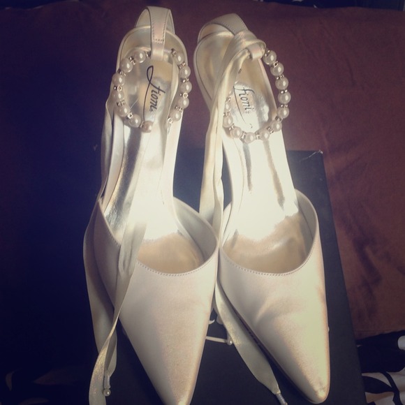 Off White Heels with Pearl Ankle Strap and Ribbon