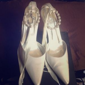 Off White Heels with Pearl Ankle Strap and Ribbon