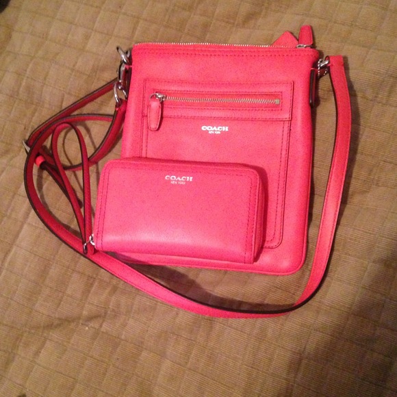 Coach legacy bright coral swing pack and wristlet