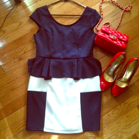 Navy and white peplum dress
