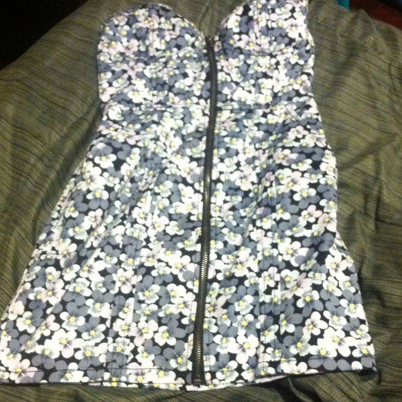 H&M bustier floral zip up denim dress