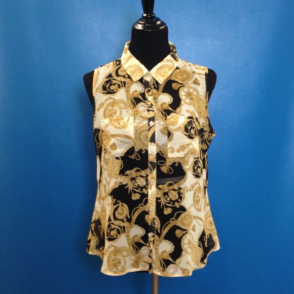 Sold: Black & Gold Scarf Print Sleeveless Blouse - Picture 2 of 4