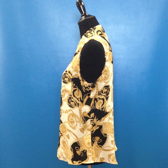 Sold: Black & Gold Scarf Print Sleeveless Blouse - Picture 4 of 4