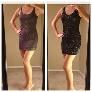 Black sequin dress and Express gray dress