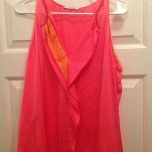 Neon coral and orange trim Tahari silk top size L