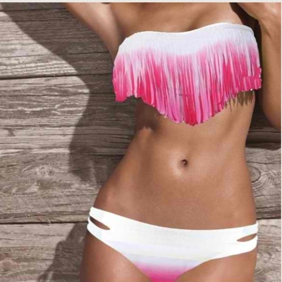 Pink/Red and White Ombré Fringe Bikini