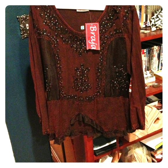 Red Long Sleeve Hi Lo Boho Shirt