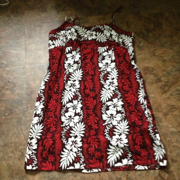 Red Hawaiian print dress.