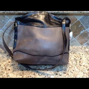 LOU TAYLOR LIGHT BROWN LEATHER BAG / BLACK TRIM