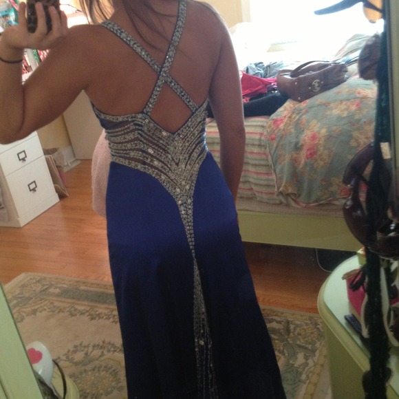 Royal blue prom dress with beadwork throughout