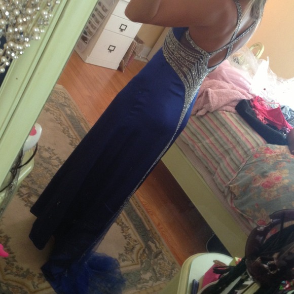 Royal blue prom dress with beadwork throughout