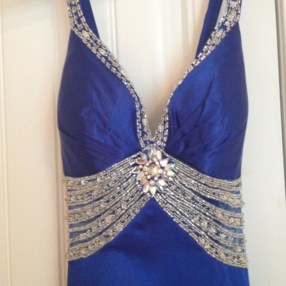 Royal blue prom dress with beadwork throughout